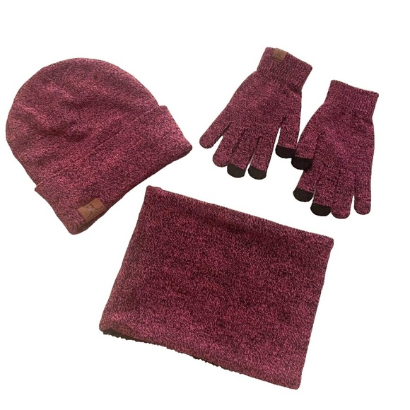 Women's Matching Set of Fleece-Lined Gloves, Beanie, and Neck Warmer; Pink/Black - Picture 1 of 4